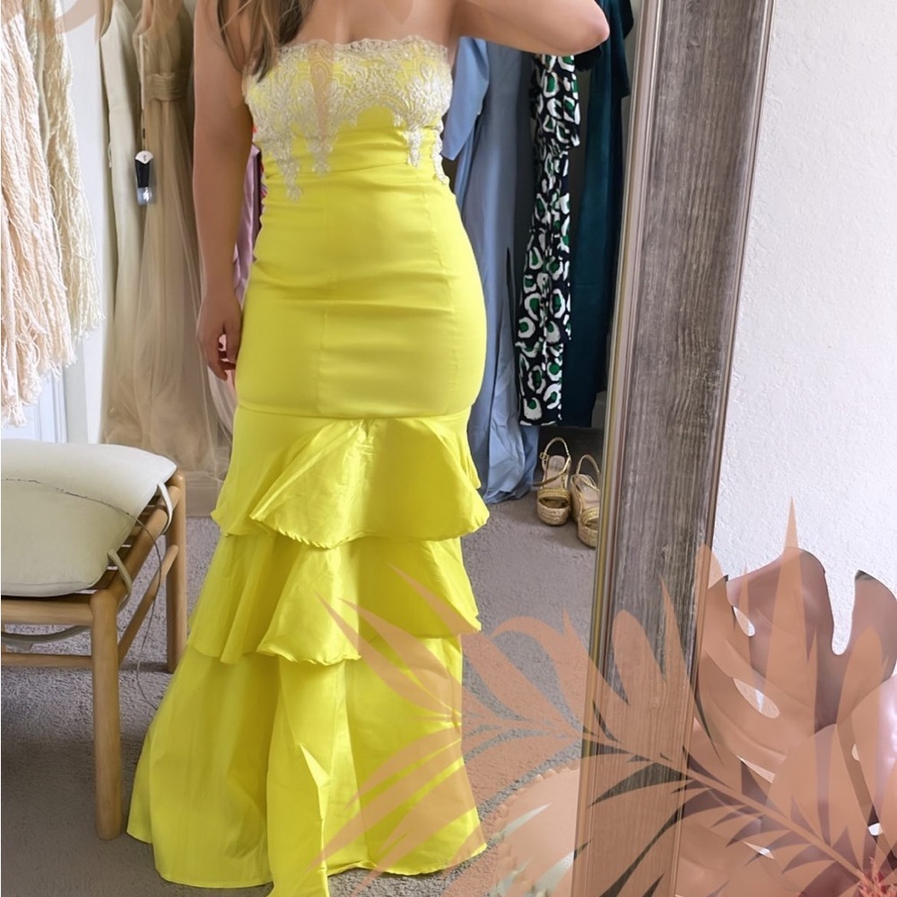 Strapless Lace Bodice Tiered Maxi Dress in Yellow